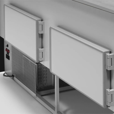 Comptoir vitrine réfrigérée à vitre droite 90°, avec réserve (2m)